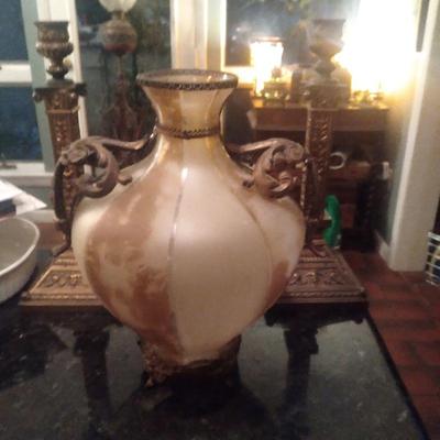 Great mounted glass vase and metal candlesticks