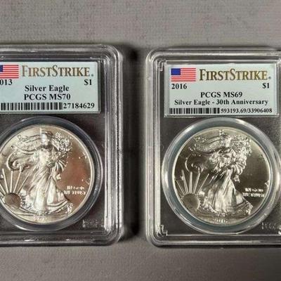 (2) PCGS Graded MS70 & MS69 First Strike Silver Eagles 