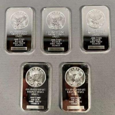 (5) Sunshine Minting Inc. .999 Fine Silver One Troy Ounce Bars