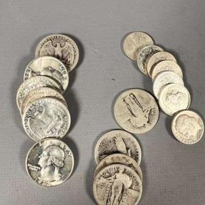 Silver Coinage 90% Silver (7) Roosevelt Dimes, (4) Standing Liberty Quarters, (7) Jefferson Quarters