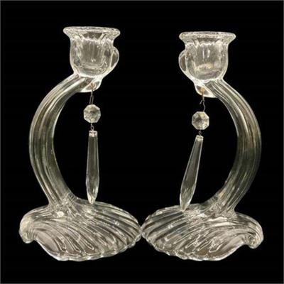Lot 401  
Pair of Cambridge Glass Caprice Candlesticks with Shell Base and Hanging Prisms