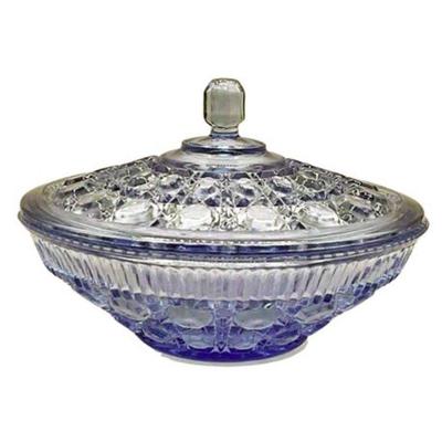 Lot 409  
Indiana Glass Blue Windsor Button Cane Pattern Candy Dish with Lid