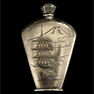 Lot 064   0 Bid(s)
Old Japanese Silver Perfume Bottle .950 Etched Pagoda