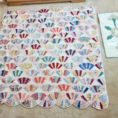 Lot 61 - Vintage Fan Quilt + Flower Quilt 