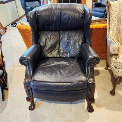 Lot 91 - Bradington-Young Navy Leather Wingback Recliner Chair 
