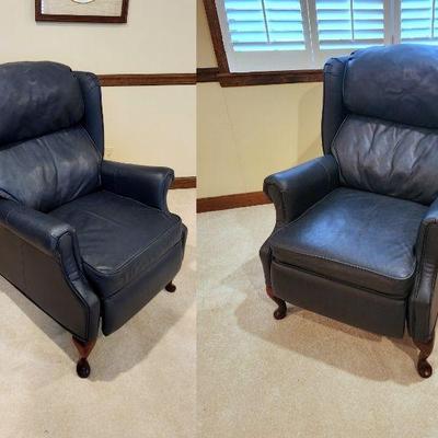 Lot 71 - Pair of PeopLoungers Navy Leather Wingback Recliner Chairs 