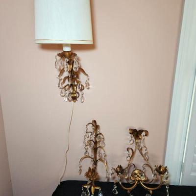Lot 42 - Italian Gilt Tole Candle Sconces + Electric Wall Lamp 