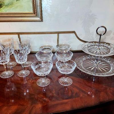 Lot 8 - Waterford Crystal "Lismore" Stemware + Serving Tray 