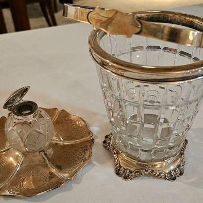 Sterling silver antique inkwell & ice bucket.