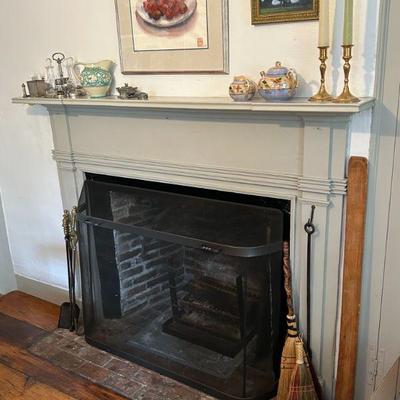 Iron Fireplace Screen, tools and smalls on mantl;e