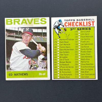 1964 Topps #35: Eddie Mathews and #188: 3rd Series Checklist. Mathews was elected to the HOF in 1978. Checklist is unmarked.