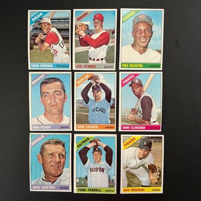 1966 Topps Baseball Trading Cards - Lot of Nine Player Cards includes: Chico Cardenas, Lee Stange, Fred Valentine, Hank Fischer, Bob...