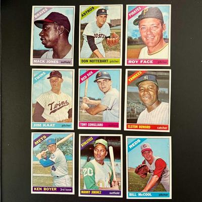  1966 Topps Baseball Trading Cards - Lot of Nine Player Cards includes: Mack Jones, Don Nottebart, Roy Face, Jim Kaat, Tony Conigliaro,...