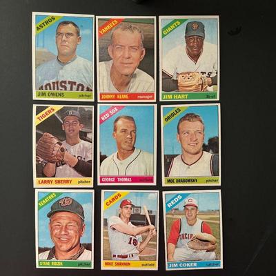  1966 Topps Baseball Trading Cards - Lot of Nine Player Cards Includes: Larry Sherry, George Thomas, Moe Drabowsky, Jim Coker, Mike...