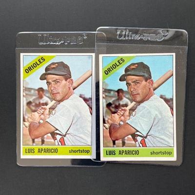 1966 Topps #90: Luis Aparicio x 2. Elected to the HOF in 1984 playing shortstop for the White Sox, Orioles and Red Sox he was the 1956 AL...