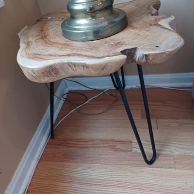 Teak Wood Round Accent Table with Black Metal Hairpin Legs
