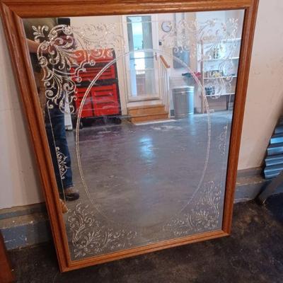 Vintage oak frame decorator mirrorÂ -etched
