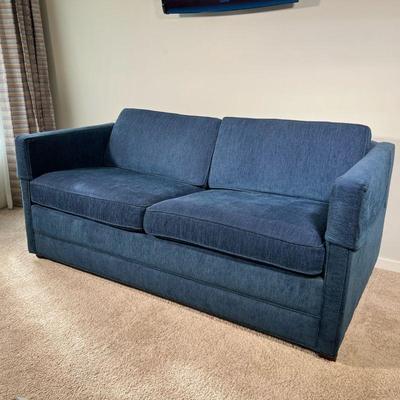 BLUE TWO CUSHION SOFA | Sleeper sofa with fold out mattress. - l. 66 x w. 36 x h. 27 in 