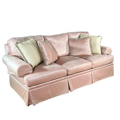 HENREDON 3 CUSHION SOFA | Light pink sofa with diamond stitch pattern and pink champagne throw pillows. - l. 92 x w. 36 x h. 38 in 