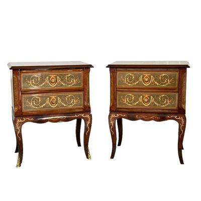 PAIR ITALIAN BESPOKE MARQUETRY NIGHTSTANDS | Modern Italian marquetry two-drawer commodes. - l. 14 x w. 21 x h. 27 in 