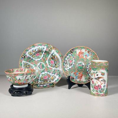FAMILLE ROSE PORCELAIN | Including: Rose Medallion porcelain tea cup and saucer, and Rose Medallion porcelain brush pot and bowl, both...