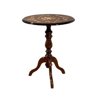 FANCY MARQUETRY INLAID PEDESTAL TABLE | Marquetry inlaid top over spindle carved leg. - h. 24 x dia. 19.5 in 