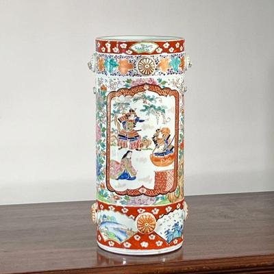 IMARI PORCELAIN CYLINDRICAL VASE | Tall colorful Japanese vase depicting vignettes, birds, and colorful flowers, Meiji Period. - h. 16 x...