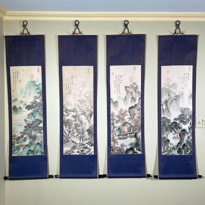 (4PC) CHINESE PAINTED PAPER SCROLLS | 35 x 12 in., each subject. Depicting figures and buildings in a mountainous landscape. - w. 18.5 x...