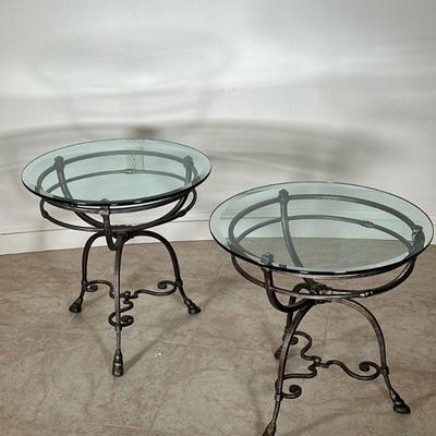 (2PC) PAIR BERNHARDT DESIGN SIDE TABLES | Round beveled glass top side tables with circular iron ring base leading to wrought iron legs...