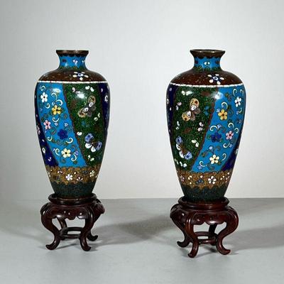 PAIR CHAMPLEVE ENAMEL VASES | Each decorated with colorful reserves of butterflies and flowers. - h. 7 x dia. 4 in (vase only) 