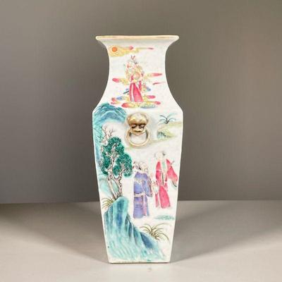 FAMILLE ROSE PORCELAIN SQUARE VASE | Showing procession of figures offering gifts to a dignitary with gods depicted in clouds, applied fu...