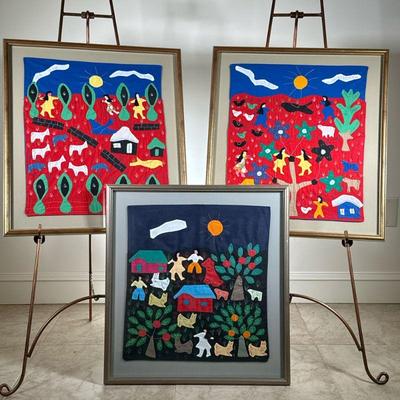 (3PC) COLOMBIAN APPLIQUÃ‰ PANELS | Showing animals, figures, farmhouses, and landscapes. - w. 21 x h. 22 in (each frame) 