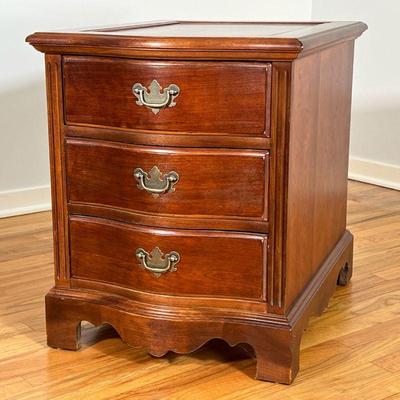 RIVERSIDE FURNITURE DIMINUTIVE CHEST | Diminutive chest with inlay 4 paneled top above 3 drawers with brass pulls raised on bracket feet....
