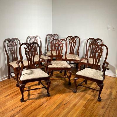 (8PC) WINTERTHUR MAHOGANY DINING CHAIRS | Distinctive back composed of interlacing C-scrolls resting on a pierced, vase-shaped back splat...