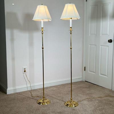 (2PC) PAIR BRASS FLOOR LAMPS | Brass floor lamps with candlestick top. - h. 58 x dia. 11 in 
