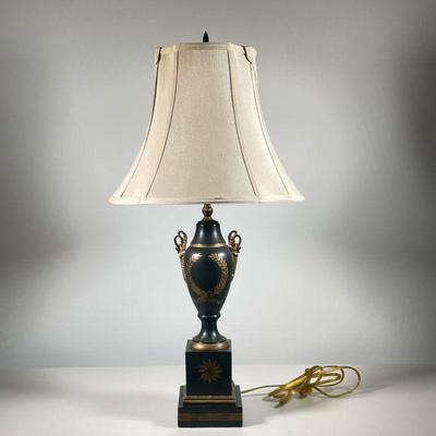 COMPOSITION LOUIS XVI STYLE LAMP | Composition lamp with pleated shade leading to urn with wreath decoration and swan neck handles over...