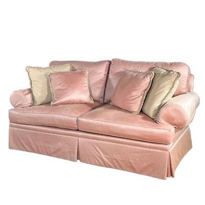 HENREDON 2 CUSHION SOFA | Light pink sofa with diamond stitching from the Henredon Upholstery Collection with pink and champagne throw...