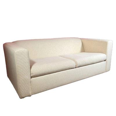 BEIGE 2 CUSHION SLEEPER SOFA | Has grooved textured fabric with pullout Sealy sleeper bed (never used) - l. 72 x w. 36 x h. 27 in 