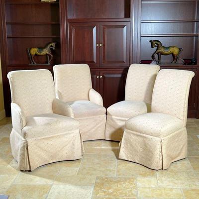 (4PC) JESSICA CHARLES DINING CHAIRS | With sensuede chamois fabric with green and red diamond stitched pattern. - l. 29 x w. 26 x h. 39...