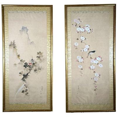 (2PC) CHIGYOKEN ISSHI CALLIGRAPHY PAINTINGS | Paintings on silk Including a mountain scene with pagoda, and a bird on flowering branches....