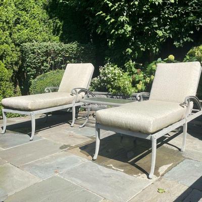 (3PC) BROWN JORDAN OUTDOOR LOUNGE SET | Including; 2 Brown Jordan chaise loungers with wheels and adjustable back, and Brown Jordan glass...