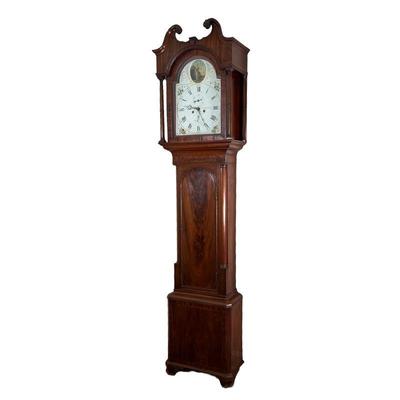 J. LAWRENCE GRANDFATHER CLOCK | Large grandfather clock with image of woman surrounded by gilt wreath decoration and hand painted flowers...