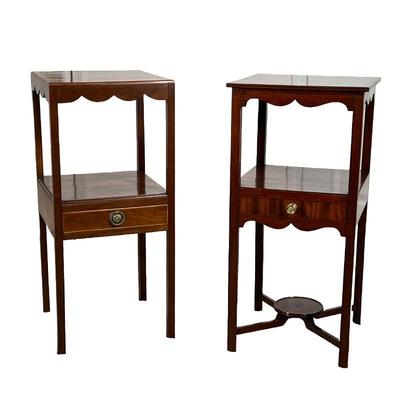 (2PC) GEORGE III STYLE MAHOGANY BEDSIDE TABLES | Having a square top with scalloped apron over and open shelf with medial drawer, antique...