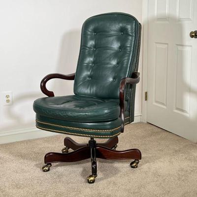 HANCOCK & MOORE LEATHER OFFICE CHAIR | Colonial fern green leather office chair by Hancock & Moore with riveted leather border and...