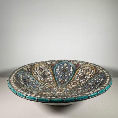 DECORATIVE MORACCAN BOWL | Large Moroccan decorative bowl including semi-precision stones, metals, and intricate glazes. - h. 5.5 x dia....