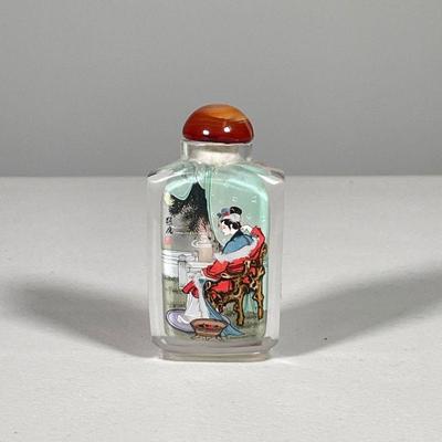 REVERSE PAINTED SNUFF BOTTLE | Reverse painted snuff bottle showing traditional Japanese woman. - h. 3.5 in 