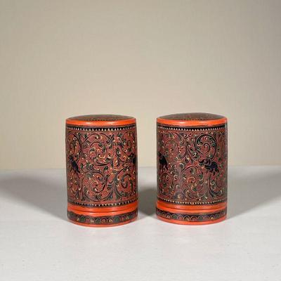 (2PC) PAIR ELEPHANT LACQUERED CYLINDERS | h. 4.5 x dia. 3 in 