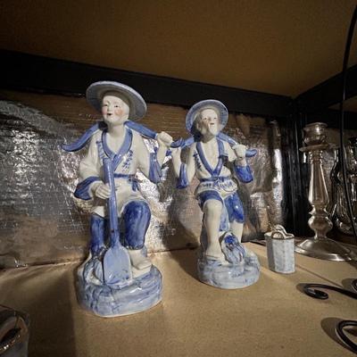  Blue Porcelain Asian Fisherman Couple Chinese Man Woman Figurines w/ Buckets