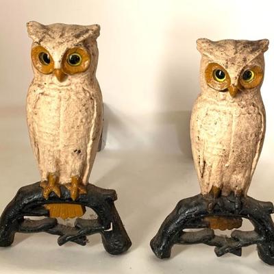 Antique cast iron owl andirons w/ glass eyes ht. 15 1/2â€