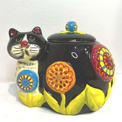 Whimsical Painted Cat Cookie Jar